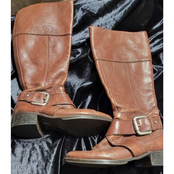 Fossil Brown Leather Tall Side Zip Buckle Boots Women's size 7.5M - Picture 1 of 9